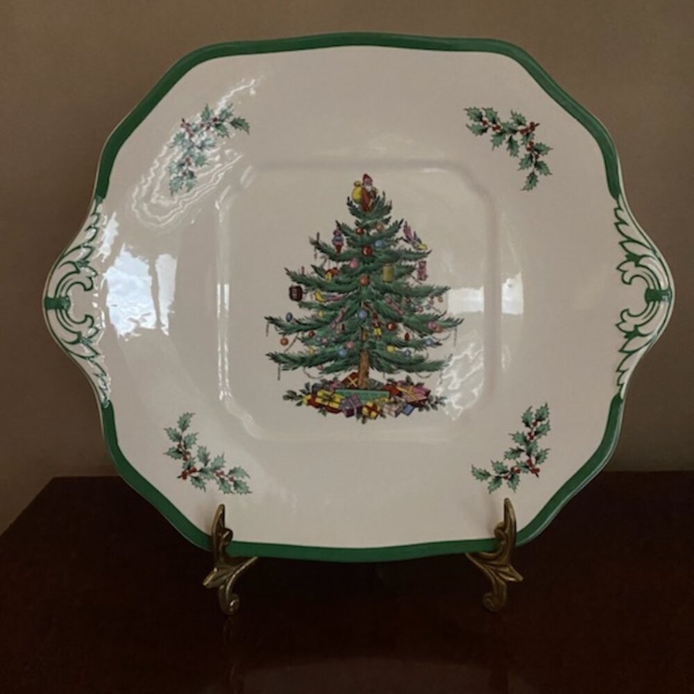 NWT Spode Christmas Tree Square Cake Plate with Handles and in the Box